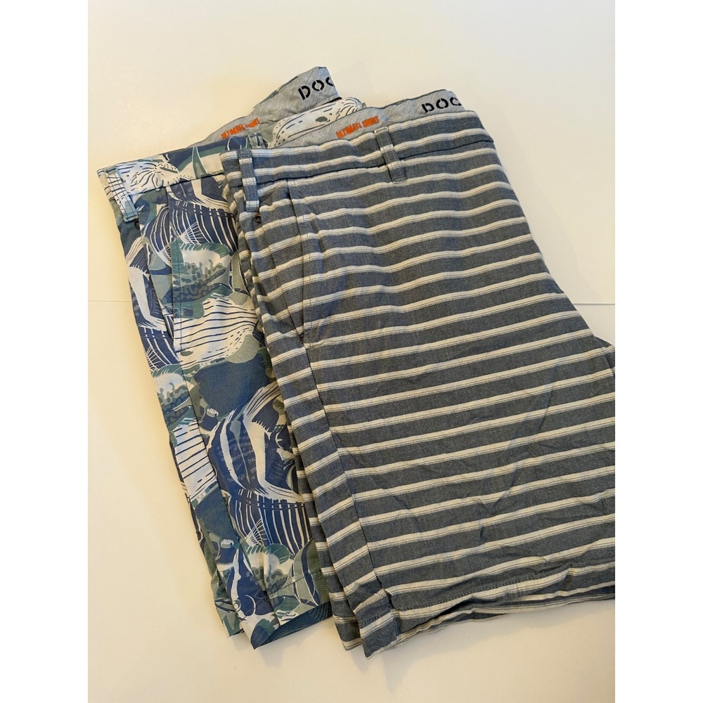 Dockers Ultimate Shorts Mens 42 Bundle Fish Print Stripe Blue Green 2 Pack